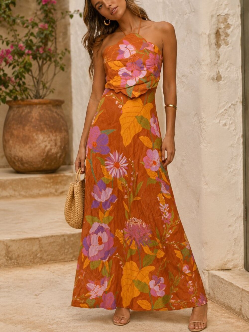 NWT Caroline Constas Floral Linen Blend Halter Maxi Dress Orange Pink M $395